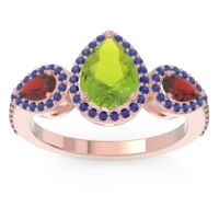 Peridot Ring In 14K Rose Gold With Garnet And Blue Sapphire Varsana Pear Three-stone Ring