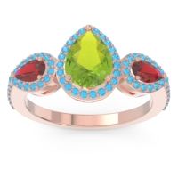 Peridot Ring In 18K Rose Gold With Ruby And Swiss Blue Topaz Varsana Pear Three-stone Ring