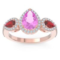 Pink Tourmaline Ring In 14K Rose Gold With Ruby And Aquamarine Varsana Pear Three-stone Ring