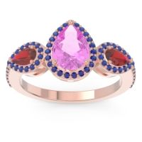 Pink Tourmaline Ring In 14K Rose Gold With Ruby And Blue Sapphire Varsana Pear Three-stone Ring