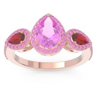Pink Tourmaline Ring In 14K Rose Gold With Ruby Varsana Pear Three-stone Ring