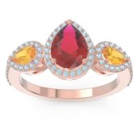 Ruby Ring In 18K Rose Gold With Citrine And Aquamarine Varsana Pear Three-stone Ring