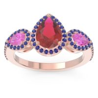 Ruby Ring In 14K Rose Gold With Pink Tourmaline And Blue Sapphire Varsana Pear Three-stone Ring