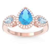 Swiss Blue Topaz Engagement Ring In 14K Rose Gold With Aquamarine And Diamond - Varsana Pear Three-stone Ring