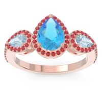 Swiss Blue Topaz Ring In 18K Rose Gold With Aquamarine And Ruby Varsana Pear Three-stone Ring