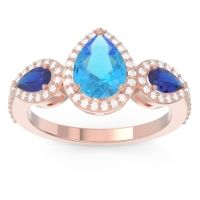 Swiss Blue Topaz Ring In 18K Rose Gold With Blue Sapphire And Lab Diamond Varsana Pear Three-stone Ring