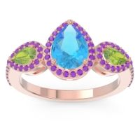 Swiss Blue Topaz Ring In 18K Rose Gold With Peridot And Amethyst Varsana Pear Three-stone Ring