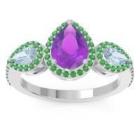Amethyst Ring In 18k White Gold With Aquamarine And Emerald Varsana Pear Three-stone Ring