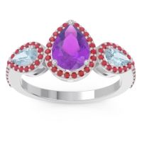 Amethyst Ring In Palladium With Aquamarine And Ruby Varsana Pear Three-stone Ring