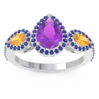 Amethyst Ring In Palladium With Citrine And Blue Sapphire Varsana Pear Three-stone Ring