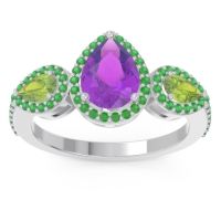 Amethyst Ring In Palladium With Peridot And Emerald Varsana Pear Three-stone Ring