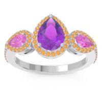 Amethyst Ring In Palladium With Pink Tourmaline And Citrine Varsana Pear Three-stone Ring