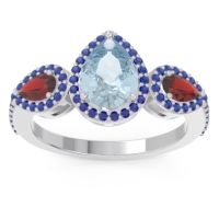 Aquamarine Ring In Palladium With Garnet And Blue Sapphire Varsana Pear Three-stone Ring
