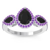 Black Onyx Ring In Palladium With Amethyst Varsana Pear Three-stone Ring