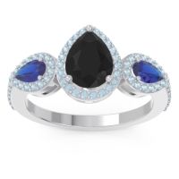 Black Onyx Ring In Palladium With Blue Sapphire And Aquamarine Varsana Pear Three-stone Ring