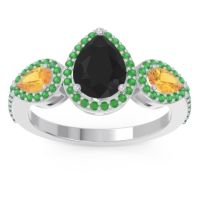 Black Onyx Ring In Palladium With Citrine And Emerald Varsana Pear Three-stone Ring