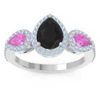 Black Onyx Ring In Palladium With Pink Tourmaline And Aquamarine Varsana Pear Three-stone Ring