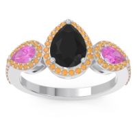 Black Onyx Ring In Palladium With Pink Tourmaline And Citrine Varsana Pear Three-stone Ring