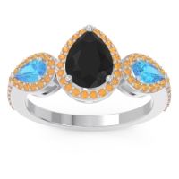 Black Onyx Ring In Palladium With Swiss Blue Topaz And Citrine Varsana Pear Three-stone Ring