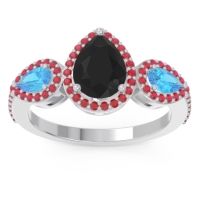 Black Onyx Ring In Palladium With Swiss Blue Topaz And Ruby Varsana Pear Three-stone Ring