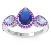 Blue Sapphire Ring In Palladium With Aquamarine And Amethyst Varsana Pear Three-stone Ring