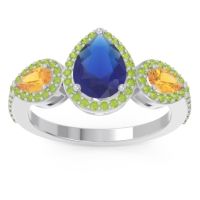 Blue Sapphire Ring In Palladium With Citrine And Peridot Varsana Pear Three-stone Ring