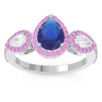 Blue Sapphire Ring In Palladium With Diamond And Pink Tourmaline Varsana Pear Three-stone Ring