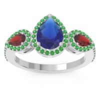 Blue Sapphire Ring In Palladium With Garnet And Emerald Varsana Pear Three-stone Ring