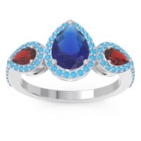 Blue Sapphire Ring In Palladium With Garnet And Swiss Blue Topaz Varsana Pear Three-stone Ring