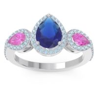 Blue Sapphire Ring In Palladium With Pink Tourmaline And Aquamarine Varsana Pear Three-stone Ring