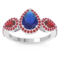 Blue Sapphire Ring In Palladium With Ruby Varsana Pear Three-stone Ring