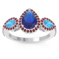 Blue Sapphire Ring In Palladium With Swiss Blue Topaz And Garnet Varsana Pear Three-stone Ring