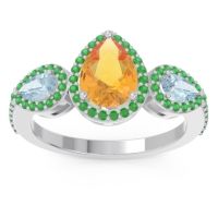 Citrine Ring In Palladium With Aquamarine And Emerald Varsana Pear Three-stone Ring