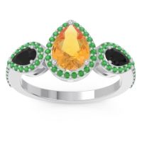 Citrine Ring In Palladium With Black Onyx And Emerald Varsana Pear Three-stone Ring