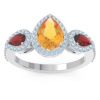 Citrine Ring In 18k White Gold With Garnet And Aquamarine Varsana Pear Three-stone Ring