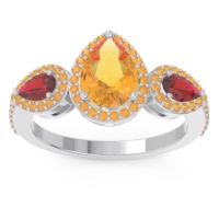 Citrine Ring In Palladium With Ruby Varsana Pear Three-stone Ring