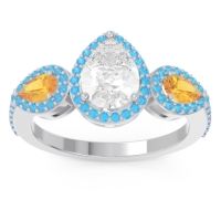 Diamond Ring In Palladium With Citrine And Swiss Blue Topaz Varsana Pear Three-stone Ring