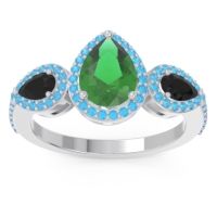 Emerald Ring In Palladium With Black Onyx And Swiss Blue Topaz Varsana Pear Three-stone Ring