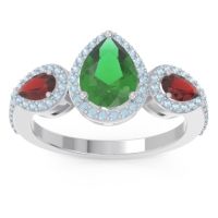 Emerald Ring In 18k White Gold With Garnet And Aquamarine Varsana Pear Three-stone Ring
