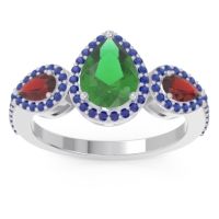 Emerald Ring In Palladium With Garnet And Blue Sapphire Varsana Pear Three-stone Ring