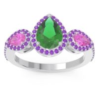 Emerald Ring In Palladium With Pink Tourmaline And Amethyst Varsana Pear Three-stone Ring