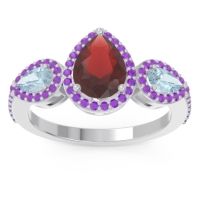 Garnet Ring In Palladium With Aquamarine And Amethyst Varsana Pear Three-stone Ring
