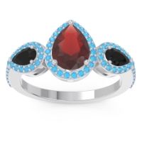 Garnet Ring In Palladium With Black Onyx And Swiss Blue Topaz Varsana Pear Three-stone Ring
