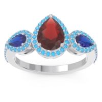 Garnet Ring In Palladium With Blue Sapphire And Swiss Blue Topaz Varsana Pear Three-stone Ring