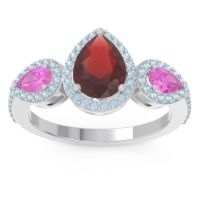 Garnet Ring In 14k White Gold With Pink Tourmaline And Aquamarine Varsana Pear Three-stone Ring