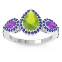 Peridot Ring In 14k White Gold With Amethyst And Blue Sapphire Varsana Pear Three-stone Ring