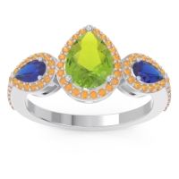 Peridot Ring In Palladium With Blue Sapphire And Citrine Varsana Pear Three-stone Ring