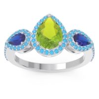 Peridot Ring In Palladium With Blue Sapphire And Swiss Blue Topaz Varsana Pear Three-stone Ring