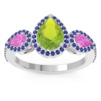Peridot Ring In 18k White Gold With Pink Tourmaline And Blue Sapphire Varsana Pear Three-stone Ring
