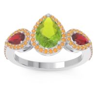 Peridot Ring In 18k White Gold With Ruby And Citrine Varsana Pear Three-stone Ring